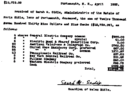 Sarah M. Sidis Lists an Accounting of William James Sidis' portion of his inheritance.